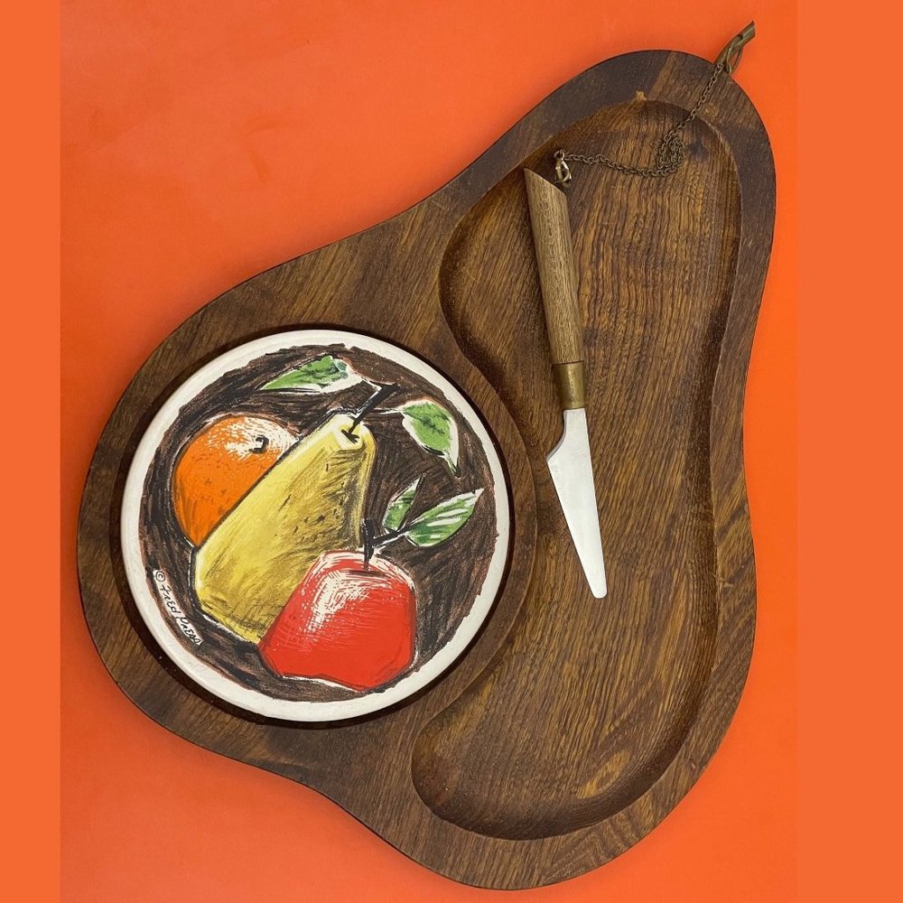 Vintage hostess server, charcuterie board, walnut and ceramic, Fred Press